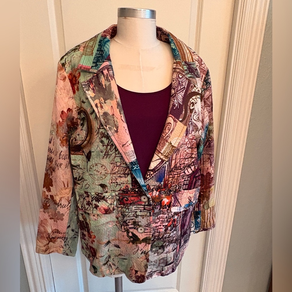 Orientique L Cotton Blazer Pink/Purple Multi Print NWT